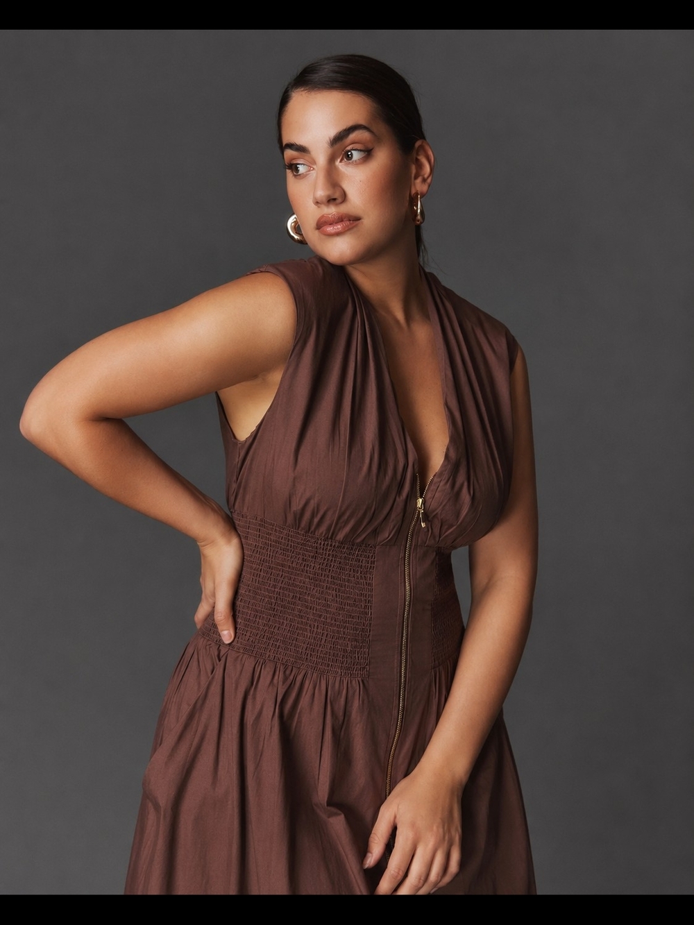 Anthropologie Maeve Tommie Cap Sleeve Smocked Front Zip Midi Dress Brown Size XL - Picture 3 of 7
